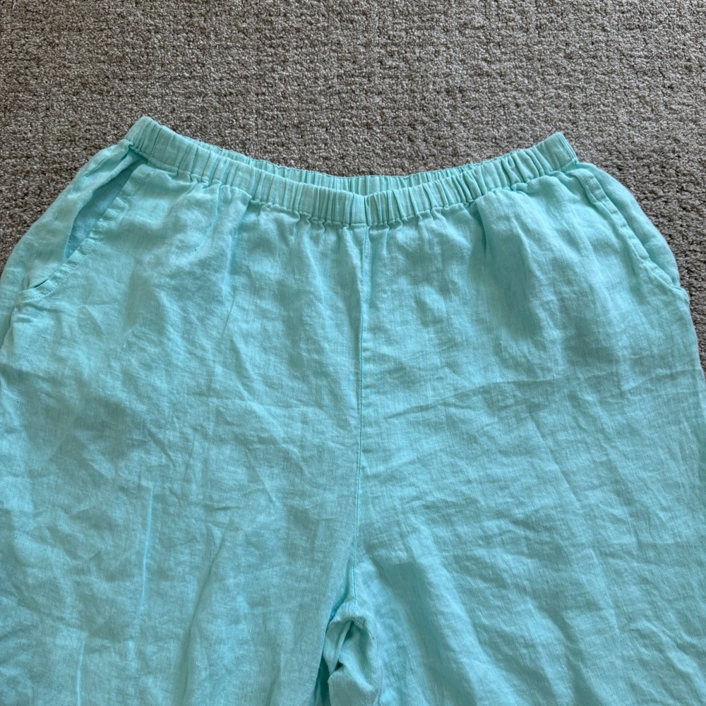 FLAX Large Aqua Blue Linen 2 Piece Set Top Pants Coastal Lagenlook Beach Summer - Picture 10 of 16